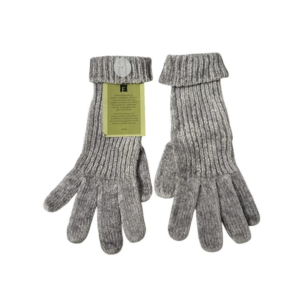 Fownes Knit Winter Gloves Ribbed Cuff Button Acrylic Gray‎ One Size NWT